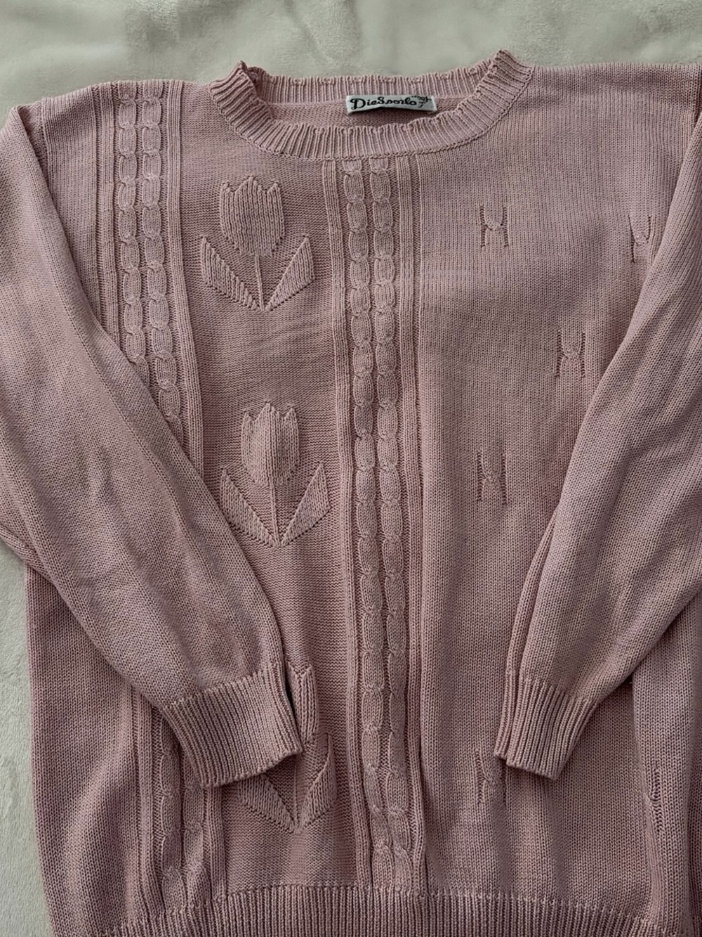 Sporto Rose Pink Cable & Tulip Knit Crewneck Sweater